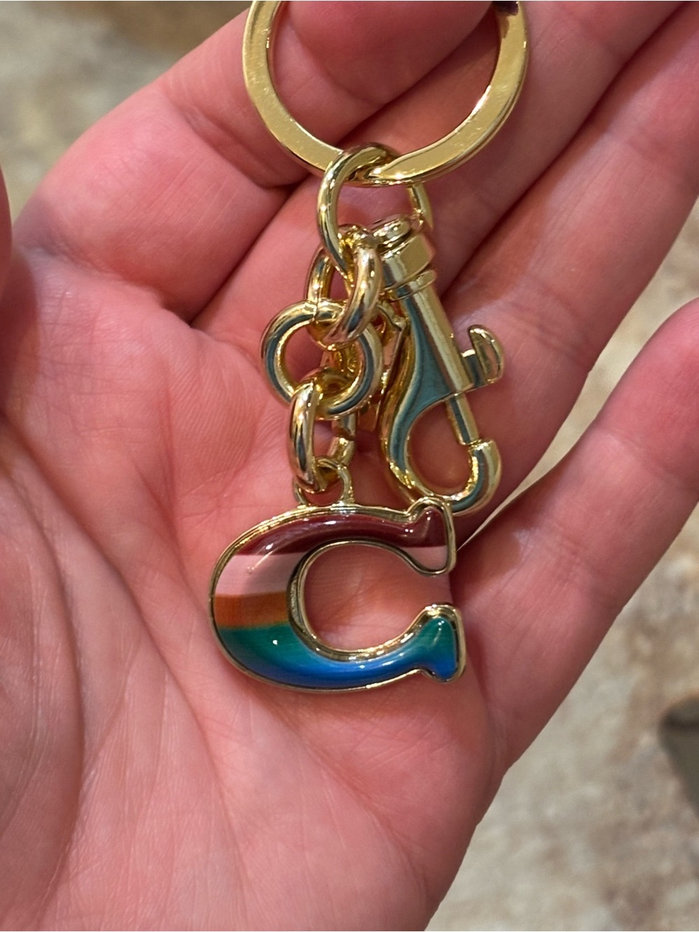 Designer inspired Gold-Tone Rainbow Enamel 'C' Keyring - Picture 3 of 4
